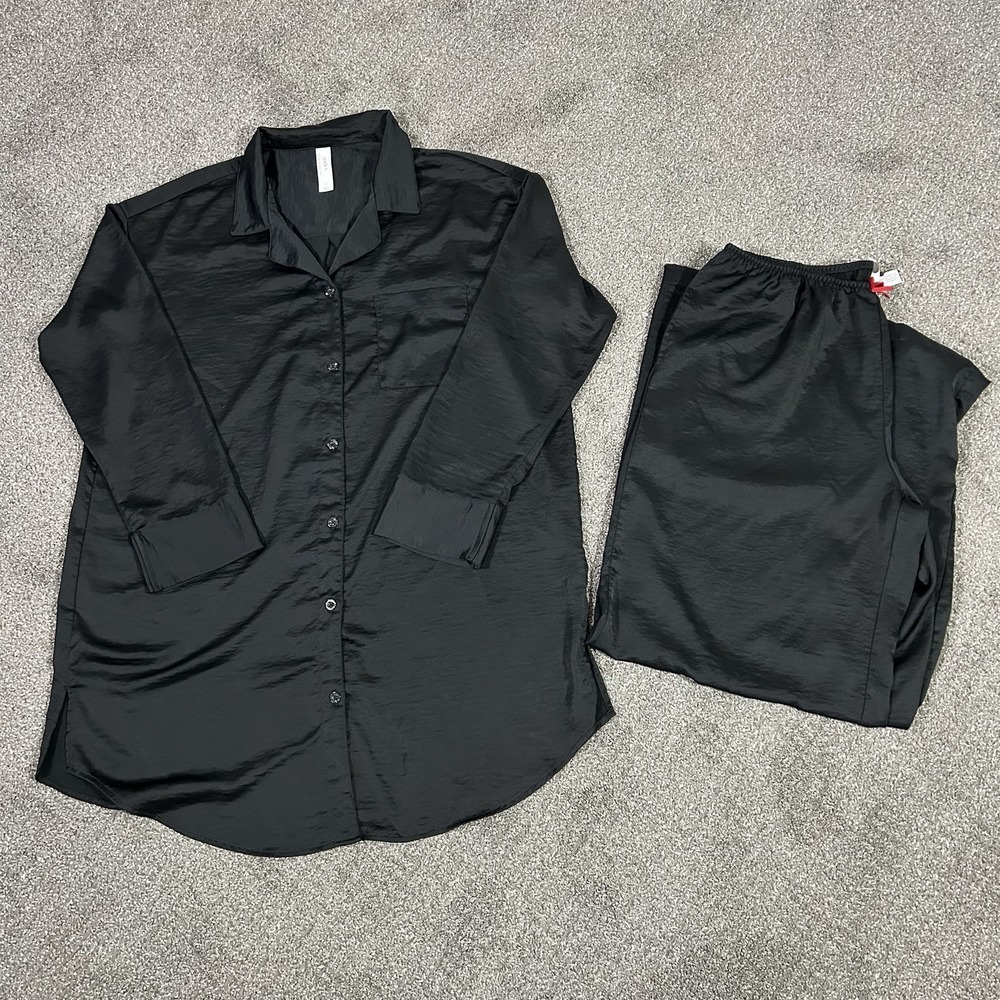 Auden Black Satin Pajama Set Women's L Long Sleeve Button Top Wide Leg Pants